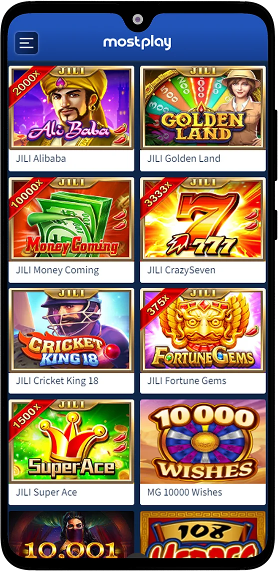 Casino page in Mostplay IN app