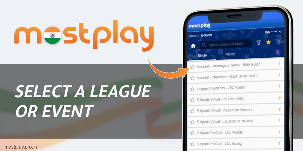 Select the desired eSports event at Mostplay India