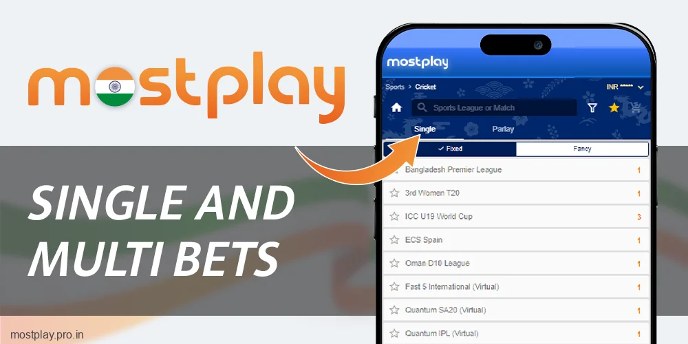 Make single or multi bets at Mostplay IN