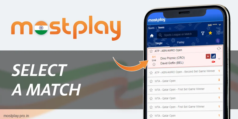 Select the desired tennis competition at Mostplay India