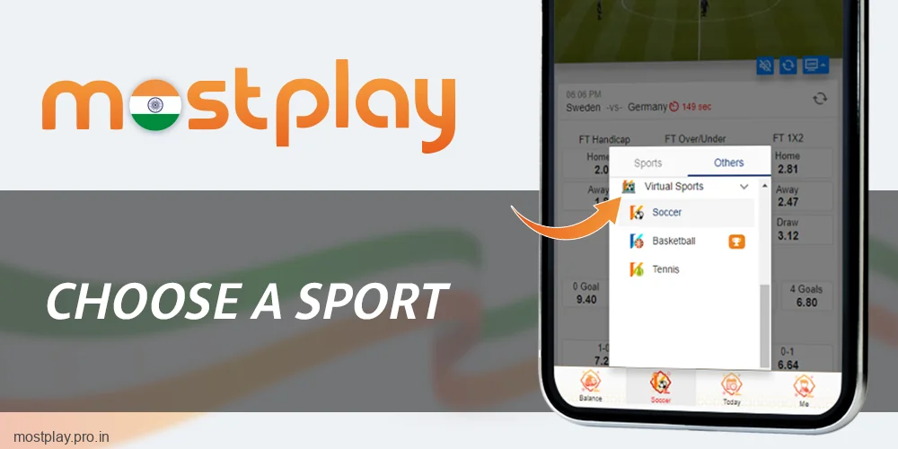 Select the type of virtual sport at Mostplay India